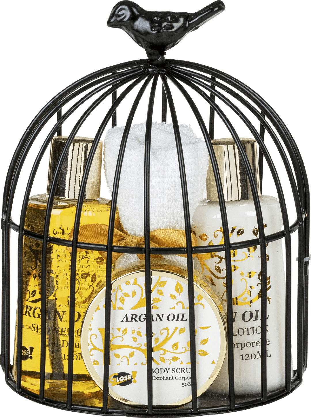 Coffret de bain huile d'argan cage métallique à oiseaux