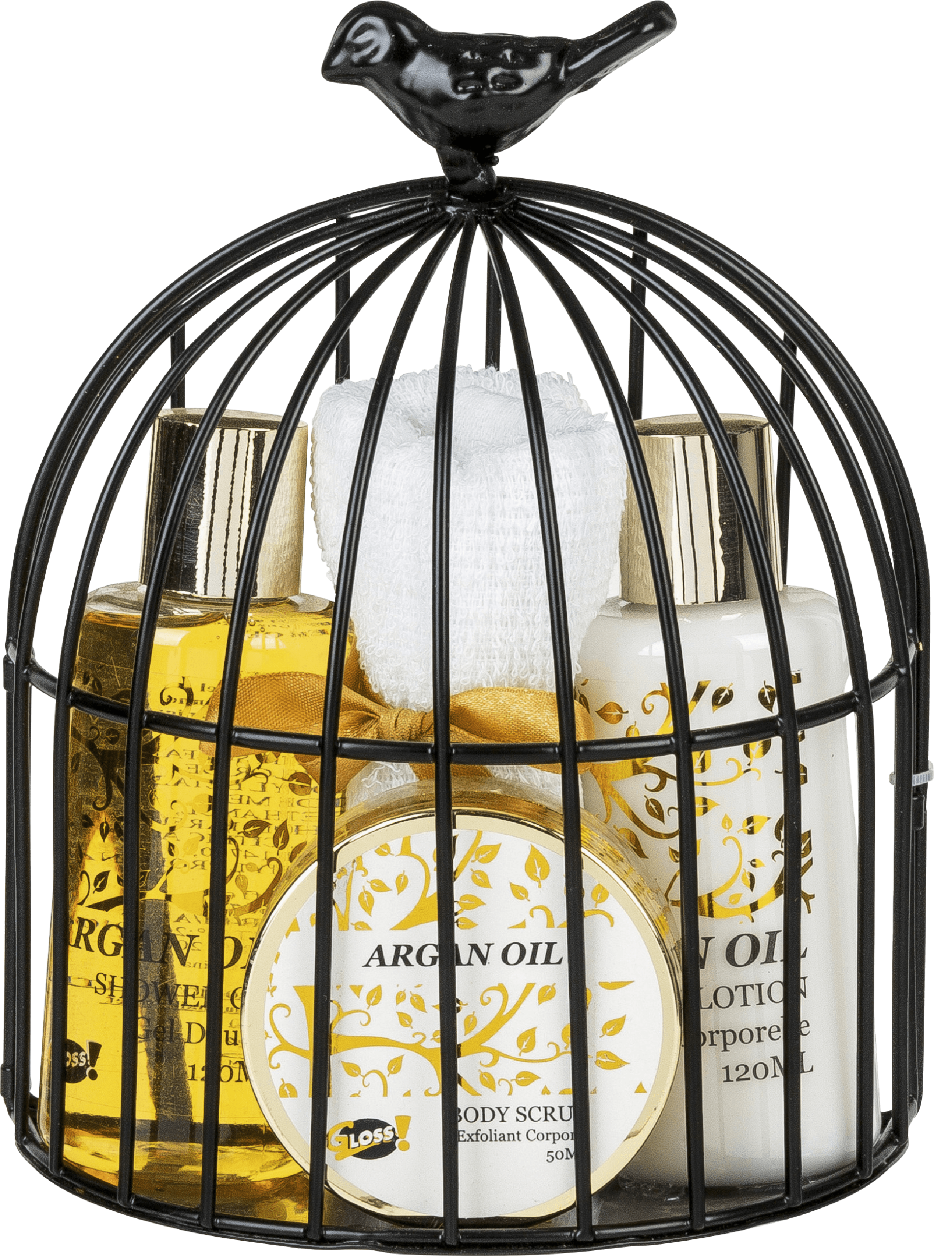 Coffret de bain huile d'argan cage métallique à oiseaux